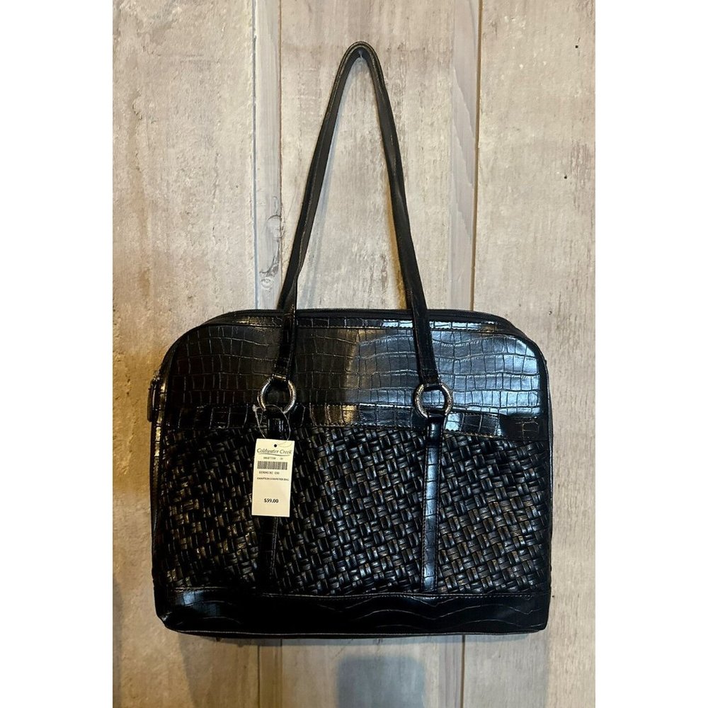 NWT COLDWATER CREEK Black Basket Embossed Weave/Croc,Hampton Computer Bag